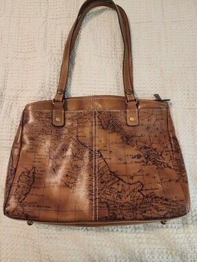 Patricia Nash Geographic Maps Print Brown Leather Tote Bag Travel Good Cond